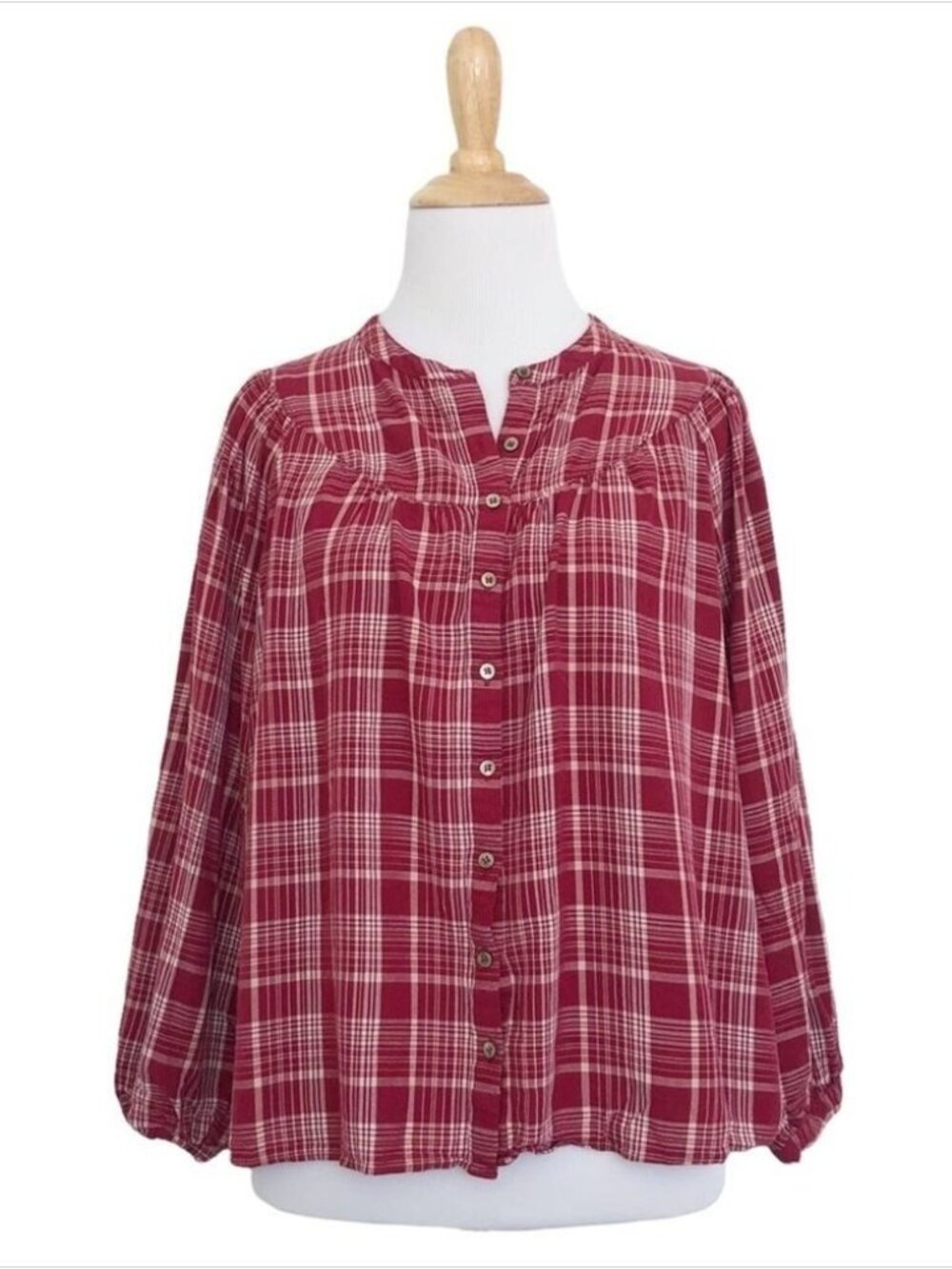 Plaid Balloon-Sleeve Button-Front Top in Red/White XS